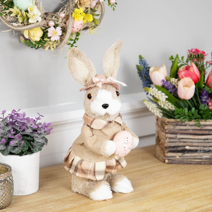 Girl Easter Rabbit Figurine with Plaid Dress - 12" - Beige