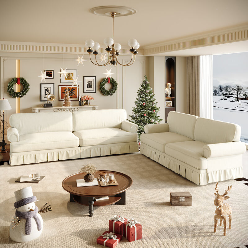 Whisen Mid-Century Sofa, Oxford Fabric Cloud Couch with Elegant Rolled Arms and Pleated Skirt Design