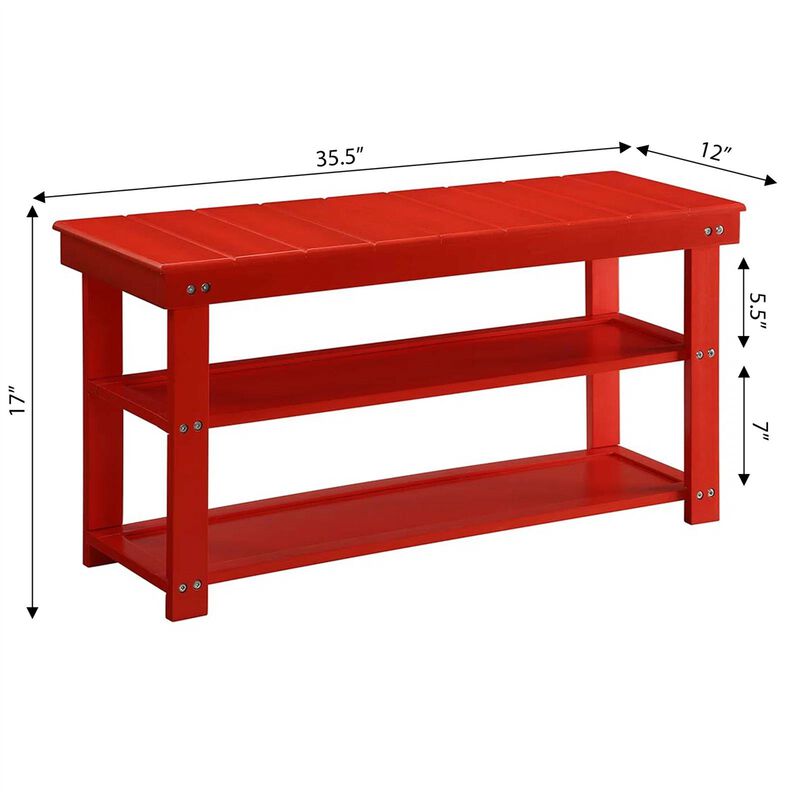 QuikFurn Red Wooden 2-Shelf Shoe Rack Storage Bench for Entryway or Closet