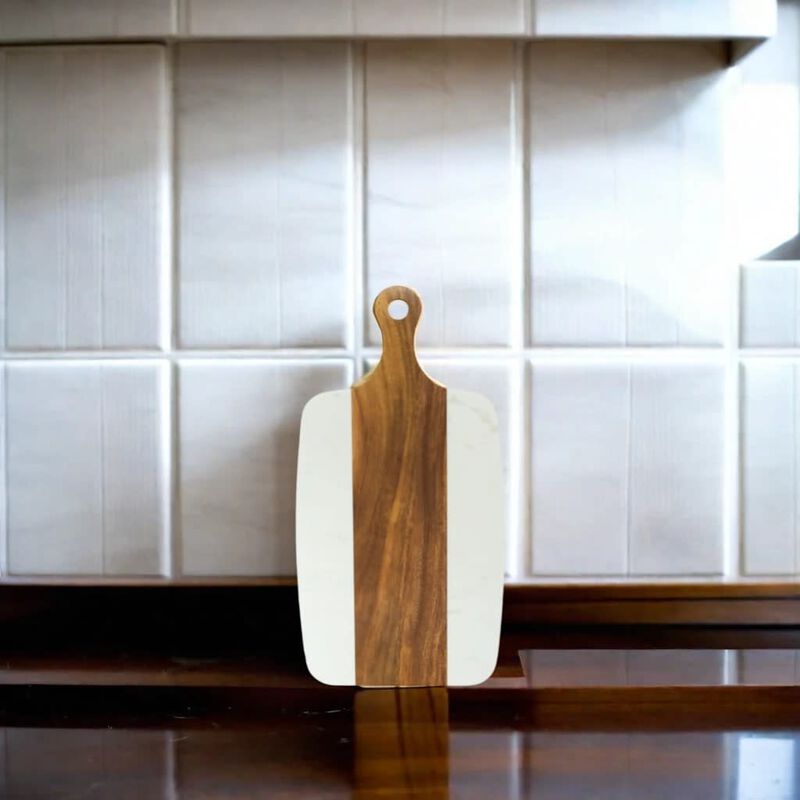 White Marble and Acacia Wood Center Handled Board image number 1