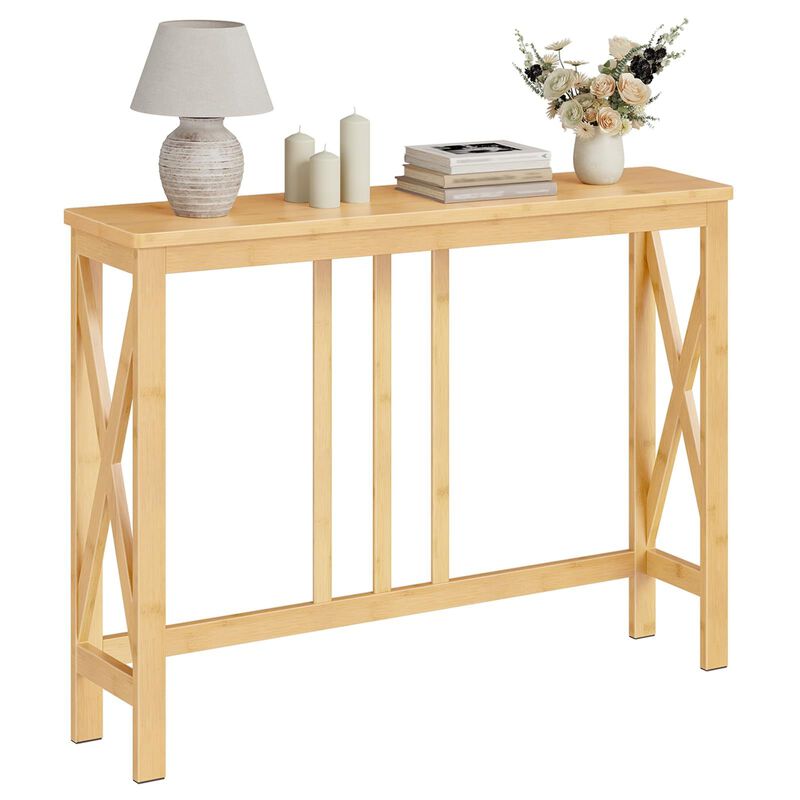 Slim Wicker Console Table with X Frame, Narrow Entryway Hall Table-Natural image number 3