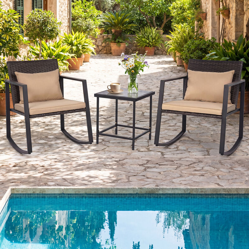 Patio Rocking Bistro Set 3-Piece with Cushions and Tempered Glass image number 3