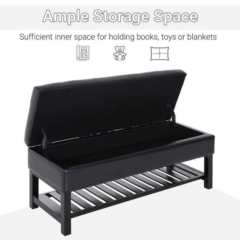 Sleek Seating Storage: 44" Black Tufted Faux Leather Ottoman with Shoe Rack