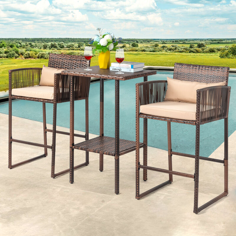 Outdoor 3-Piece Patio Bar Set Bistro Table & Chairs for Garden, Deck & Balcony