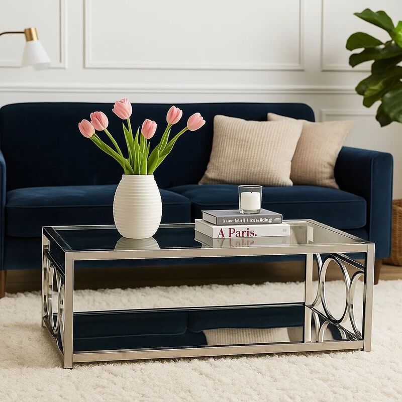 Paire 47 Inch Coffee Table, Glass Top, Mirrored Bottom Shelf, Metal Accents