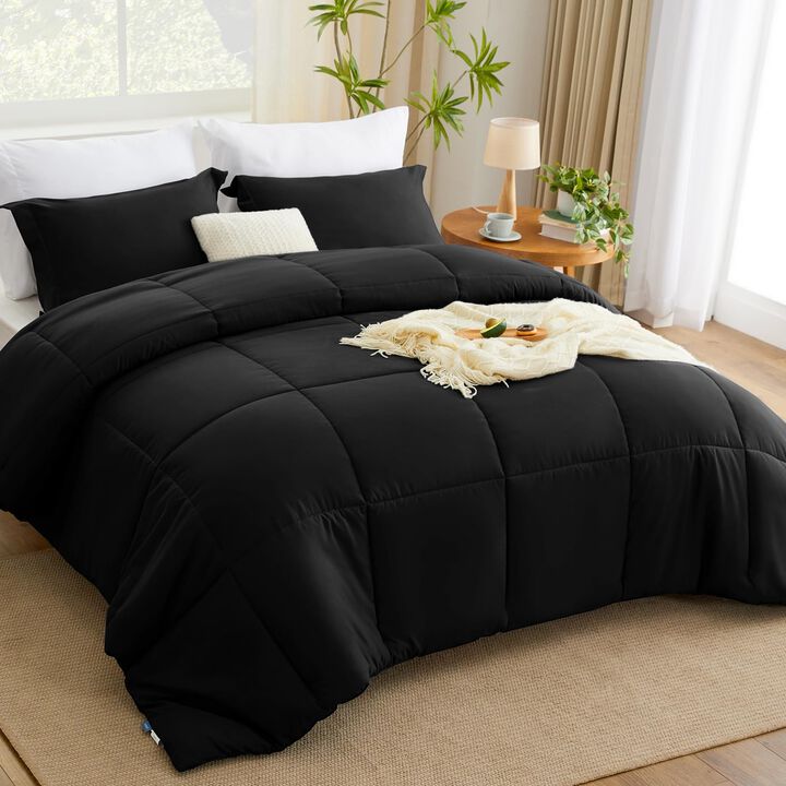 CozyLux King Size Comforter Set - Black Comforter King Size, 3 Pieces Box Stitched Bed Set for All Seasons, Soft Lightweight Bed