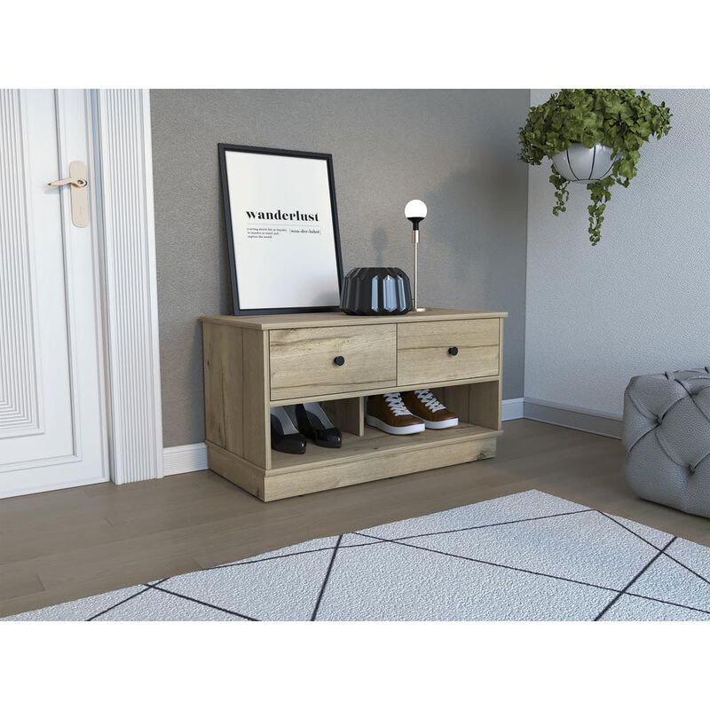 DEPOT E-SHOP Uranus Storage Bench-Two Drawers, Two Open Shelves- Light Oak, For Bedroom