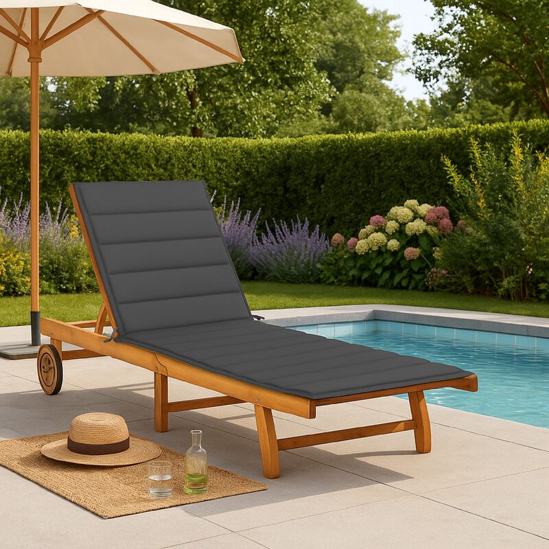 Kaye Outdoor Sun Chaise Lounger, 79 Inch Acacia Wood, Gray Cushion