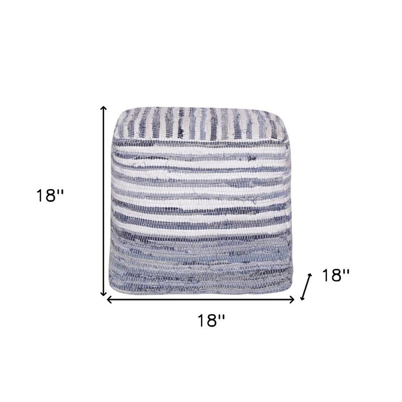 Hivvago 18 Inch Blue Cotton Cube Striped Pouf Ottoman