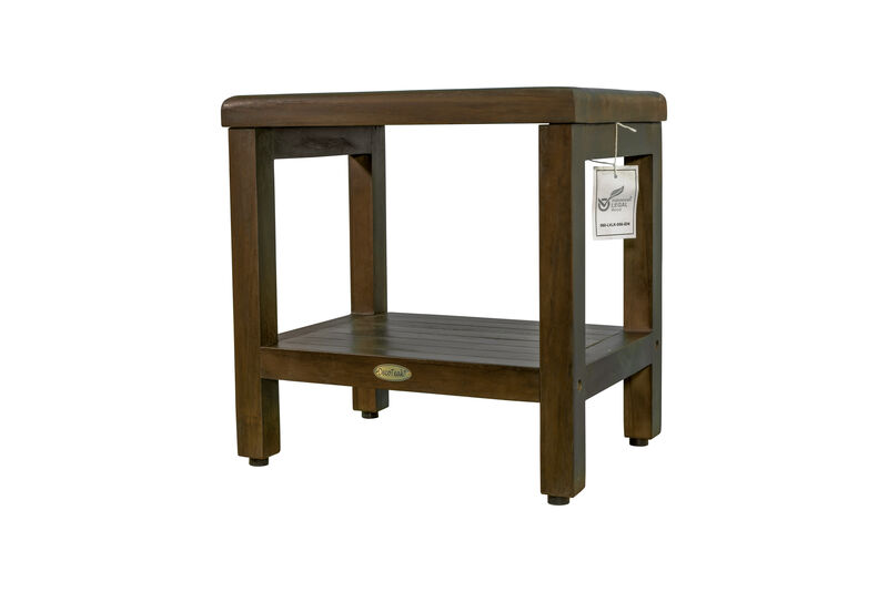DecoTeak Eleganto 18" Teak Wood Shower Bench with Shelf in Woodland Brown Finish