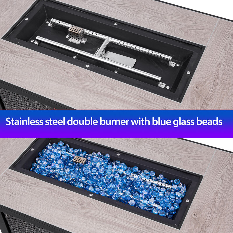 OuterMust 42 Inch Propane Fire Pit Table, 50,000 BTU Hand-Woven Rattan Outdoor Fire Pit with Lid & Blue Glass Bead