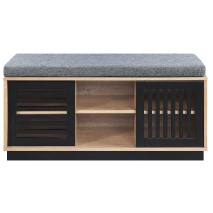 Nael 39 Inch Wood Bench with Cushioned Seat, 2 Slatted Cabinets, Oak, Black-Benzara