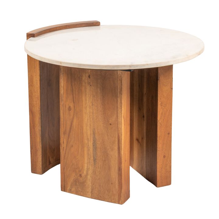 Rowena Interiors Round Marble and Mango Wood Semi-Enclosed Side Table in Natural Finish