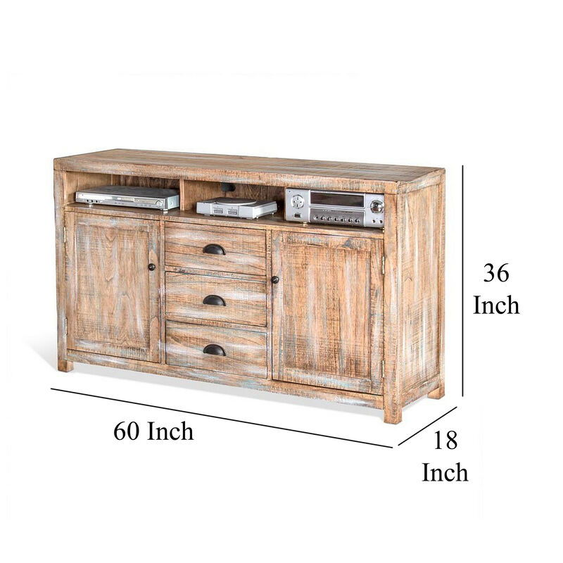 Rany TV Console, 60Wx36H Light Brown Mahogany, 5 Shelves, 3 Drawers - Benzara