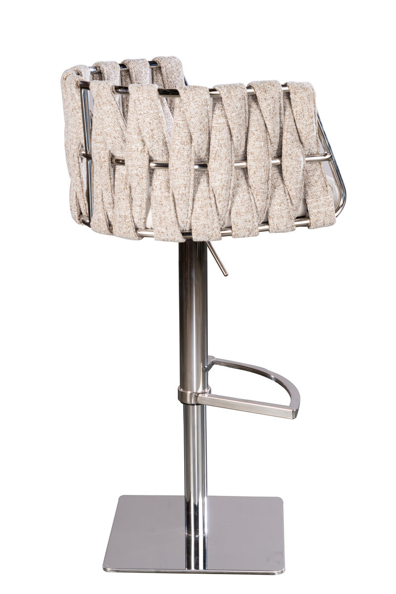 HomeRoots Off White and Silver Faux Leather Linen and Steel Low Back Adjustable Height Swivel Bar Chair image number 2