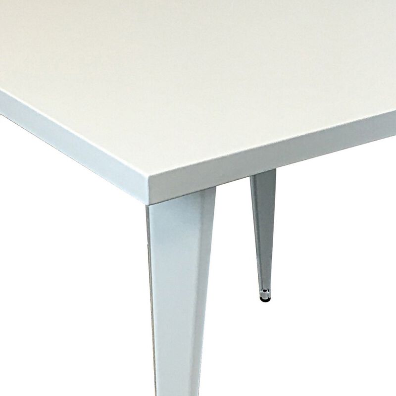 Oran 32 Inch Dining Table, Square Metal Top, Tapered Legs, White Finish - Benzara