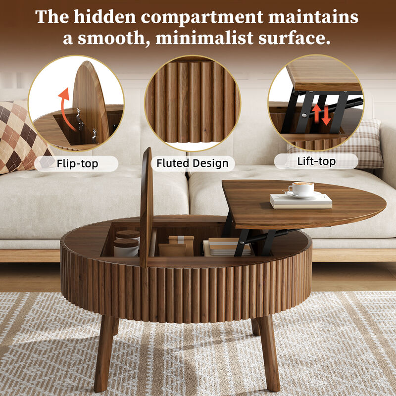 Whisen 30.3" Round Lift-Top Coffee Table, Solid Wood Mid-Century Modern Center Table with Hidden Storage for Living Room image number 5