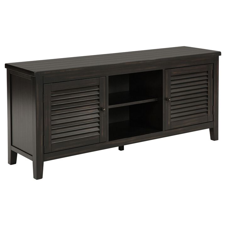 Coni TV Stand Media Cabinet, 2 Door and Shelves, Black Wood 60 Inch - Benzara