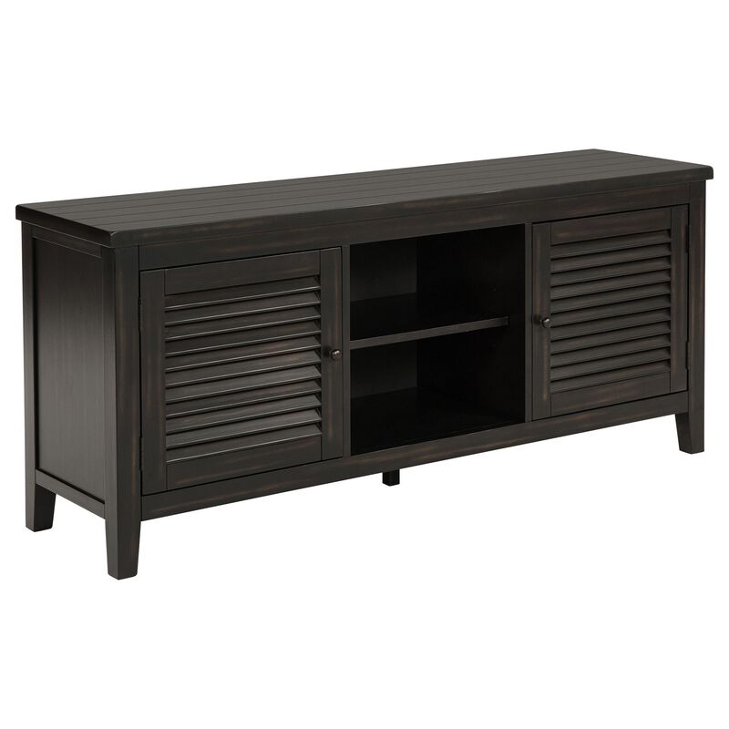 Coni TV Stand Media Cabinet, 2 Door and Shelves, Black Wood 60 Inch - Benzara
