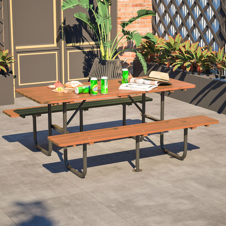 WOW PIONEER 72 Inch Rectangular 6-Person Outdoor Picnic Table with Built-in Benches, 1.97 Inch Umbrella Hole, Waterproof Corrosion Resistant