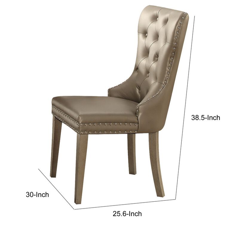 Leatherette Wooden Side Chair with Button Tufted Curved Back, Set of 2, Champagne Silver-Benzara
