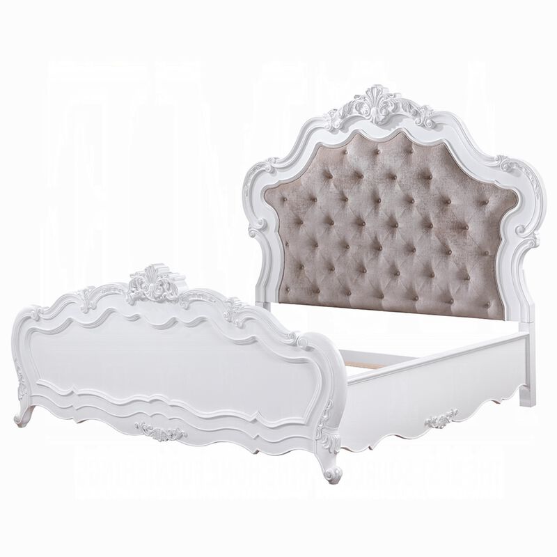 Tisha King Bed, Tufted Dark Beige Chenille Upholstery w White Traditional Design image number 5