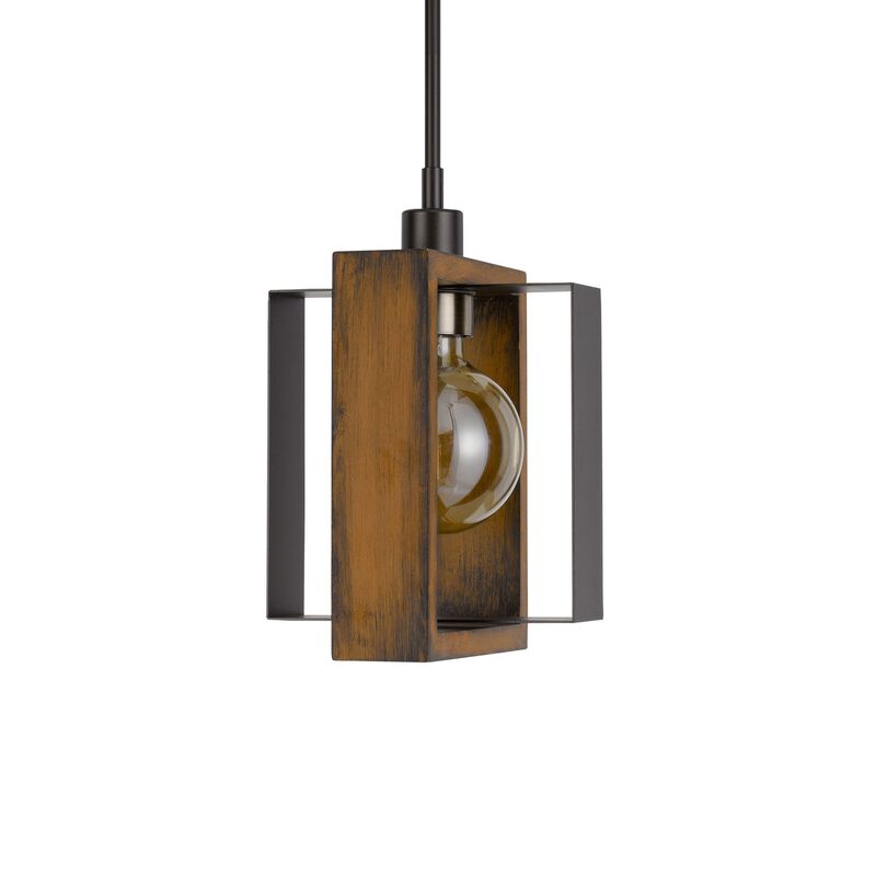 Gen 9 Inch Mini Pendant Light Fixture w Bulb, Black Metal, Pine Wood - Benzara