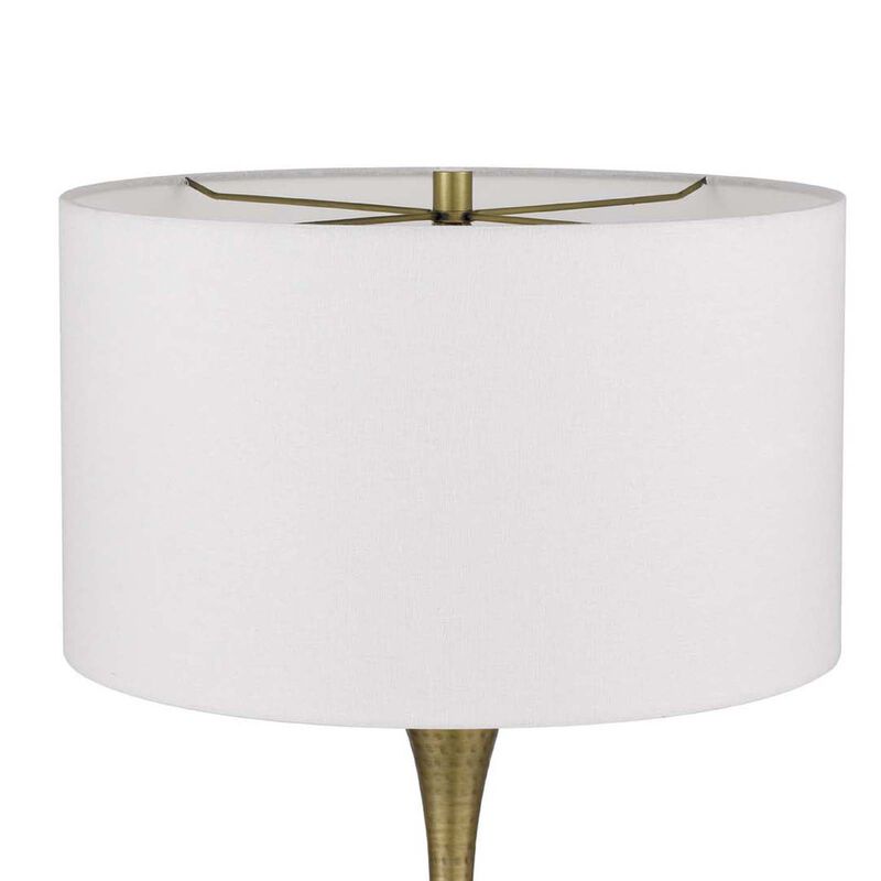 Table Lamp, White Linen Shade, Hammered Antique Brass Retro Hourglass Shape image number 5