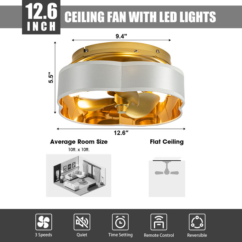 13" Gold Flush Mount Ceiling Fan with LED Light and Remote