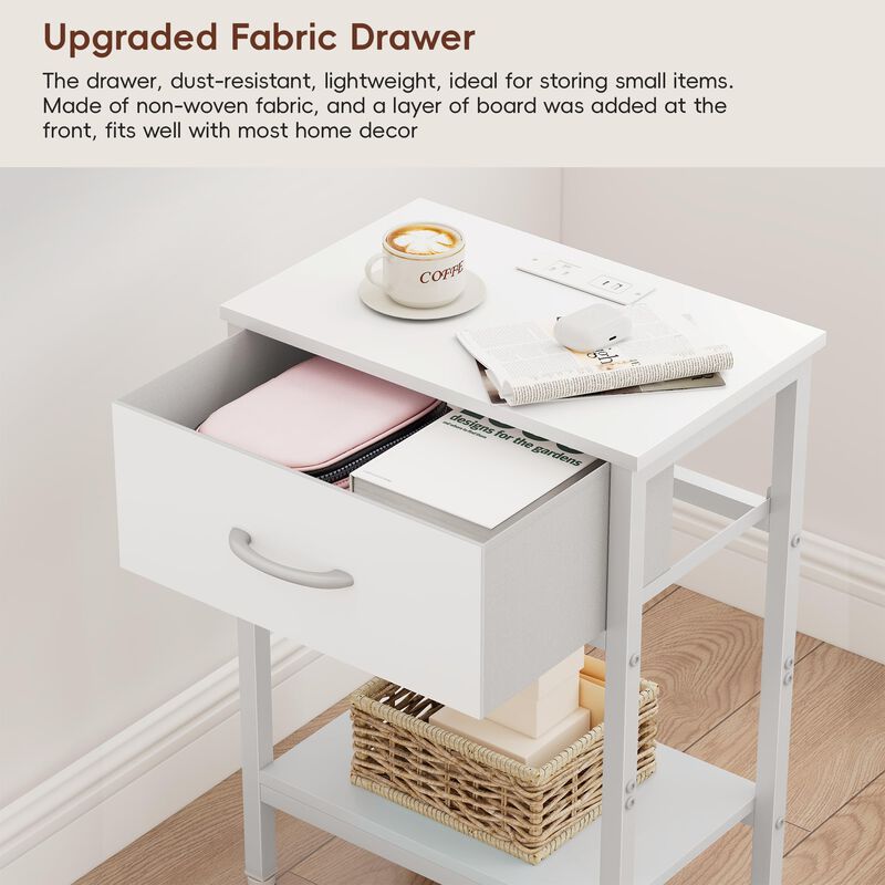 Vagusicc White Nightstand with Charging Station, End Table with Fabric Drawer, Small Side Table with 2-Tier Storage Shelves, 25.