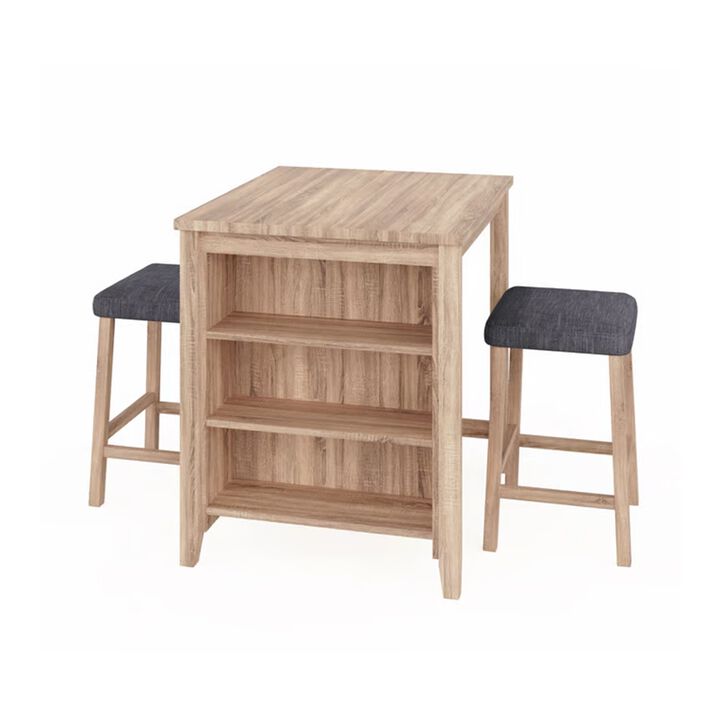 Dawny 3pc Counter Height Table Set with Stools, Shelves, Brown Oak Wood - Benzara