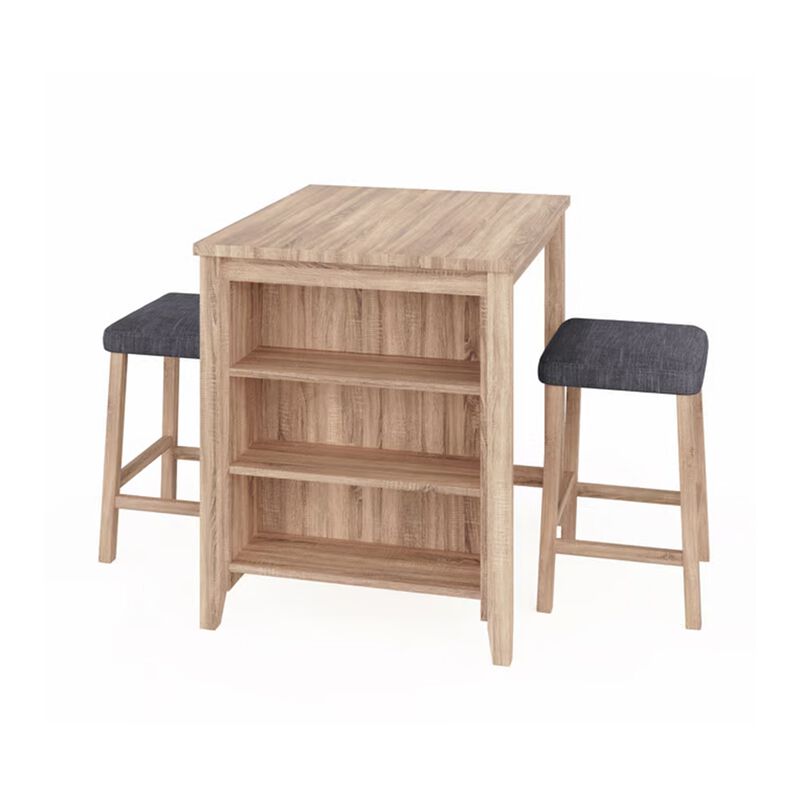 Dawny 3pc Counter Height Table Set with Stools, Shelves, Brown Oak Wood - Benzara