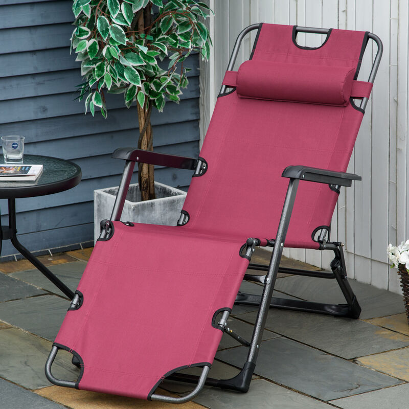Outsunny Folding Chaise Lounge Chair for Outside, 2-in-1 Tanning Chair with Pillow & Pocket, Adjustable Pool Chair for Beach, Patio, Lawn, Deck, Red