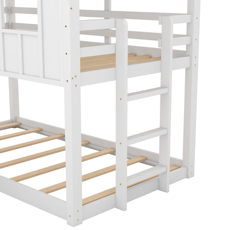 Twin over Twin House Bunk Bed with Slide and Windows, White