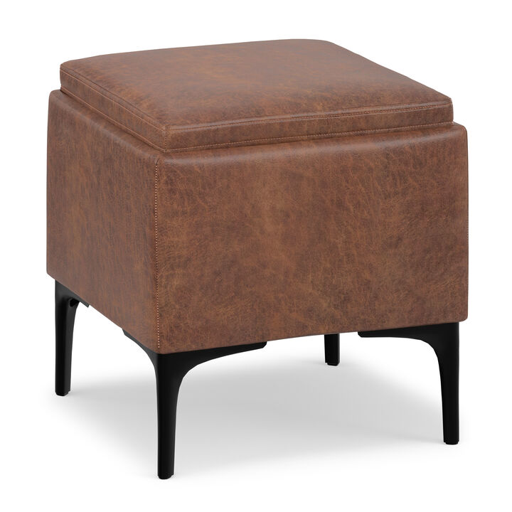 Natasha 18 inch Wide Contemporary Square Mid&nbsp;Century Storage Ottoman with Tray in Distressed Saddle Brown  Vegan Faux Leather, Assembled