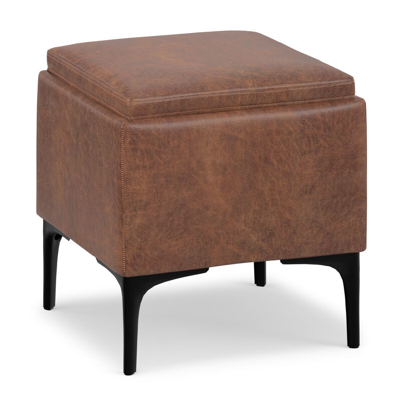 Natasha 18 inch Wide Contemporary Square Mid&nbsp;Century Storage Ottoman with Tray in Distressed Saddle Brown  Vegan Faux Leather, Assembled image number 0