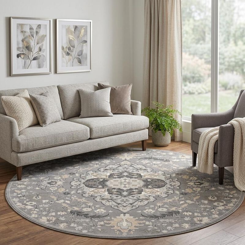 HomeRoots Floral Medallion Non Skid Round Rug image number 1