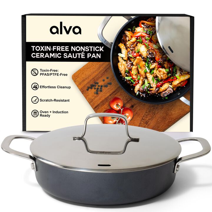 Alva Maestro Ceramic Nonstick Saute Pan Skillet with Lid 9.5" 3.5 Qt. Stay Cool Handle, Scratch Resistant Healthy Cooking Pan, Non Toxic, Compatible with All Stovetops, Oven Safe, Induction Safe