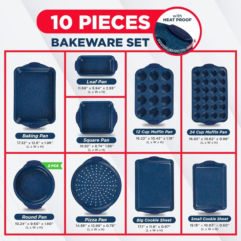 BAKKEN Kitchen Baking Pan Set - Nonstick Coating, Carbon Steel Bakeware Sets with Silicone Handles, Baking Kitchen Essentials, PFOA, PFOS, PTFE Free, Oven Safe Tray (Up To 450° F), Set of 10
