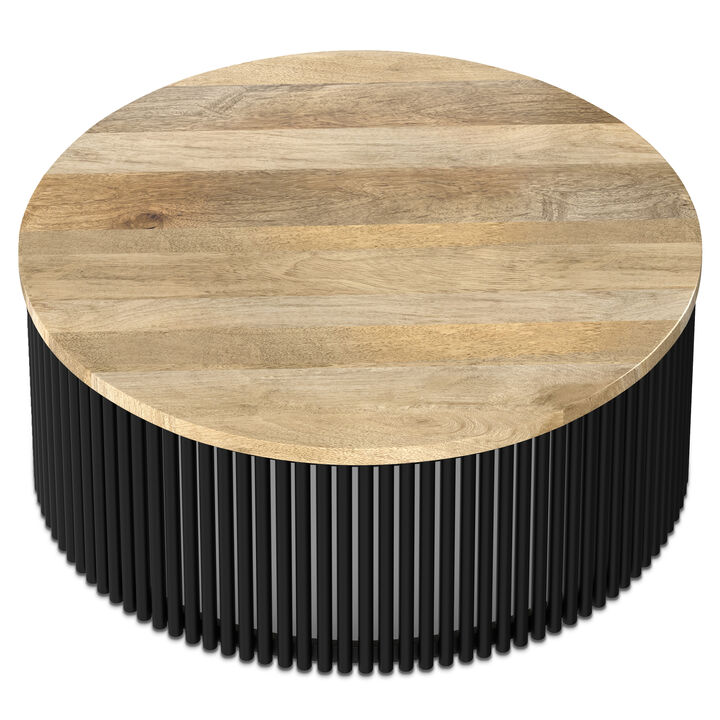 Demy  35 inch Wide Round Industrial Contemporary Coffee Table in Natural, Black, Fully Assembled