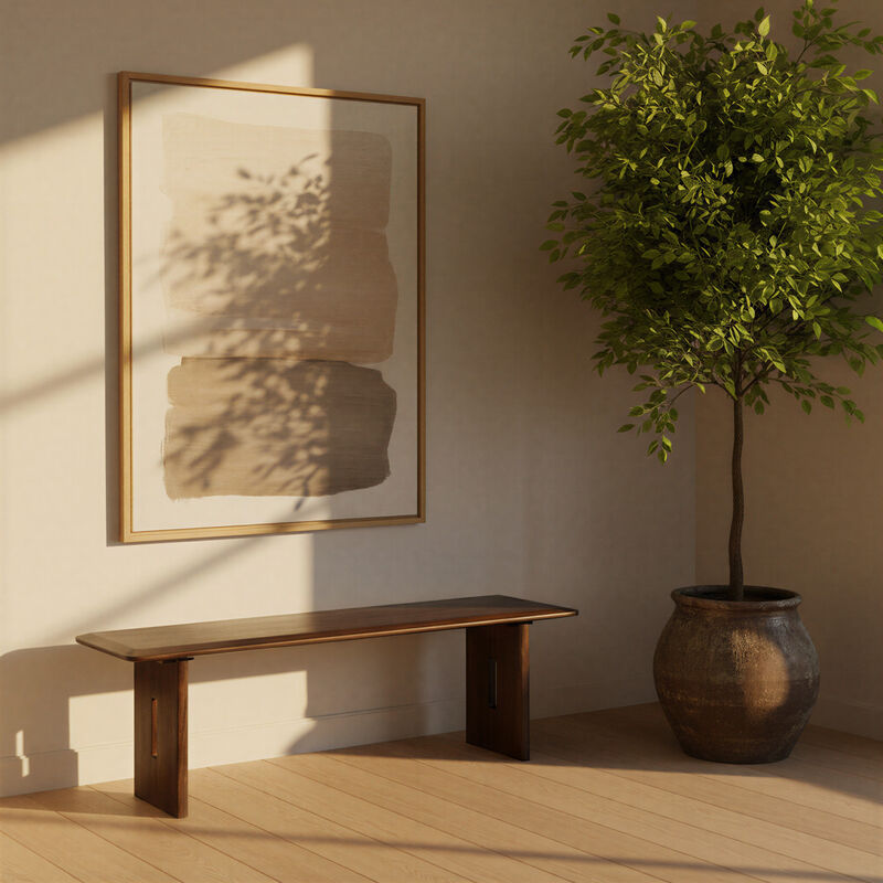 Acacia Wood Rectangular Bench, Walnut Finish image number 1