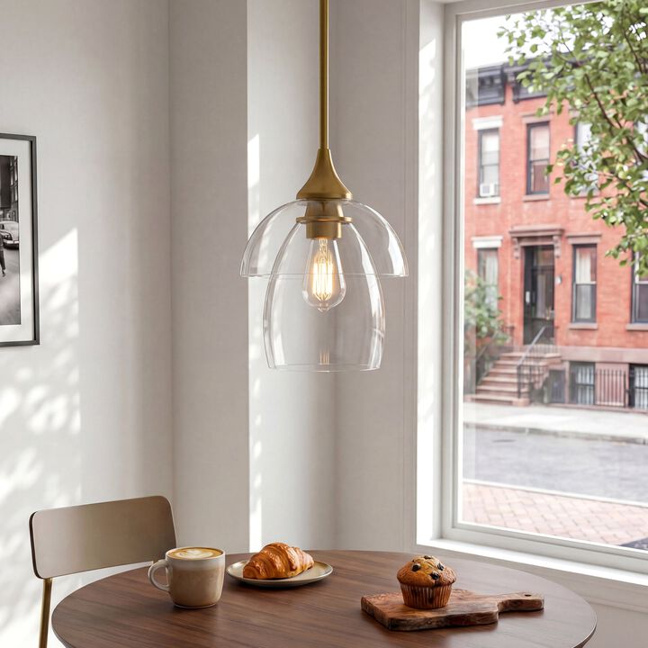 Gold Pendant Light with Tiered Clear Glass Shade, Adjustable Height