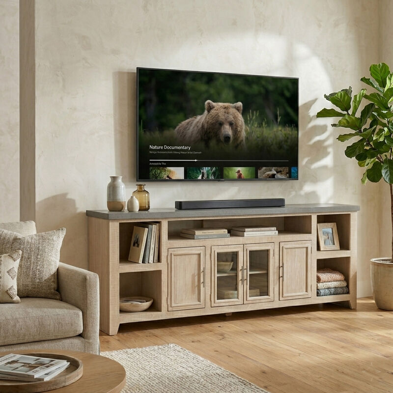 Lina TV Stand Media Cabinet, 93 Inch Gray Slate Top, Cream Pine Wood image number 1