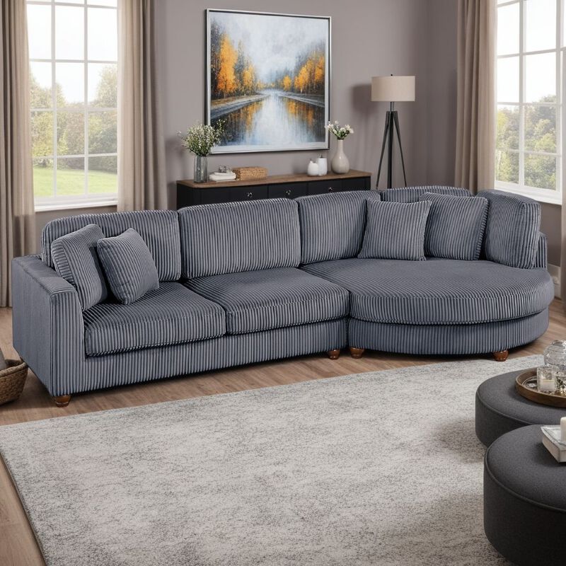 Zeo 2pc Oversize Sectional Sofa and Chaise, 4 Pillows, Gray Corduroy - Benzara