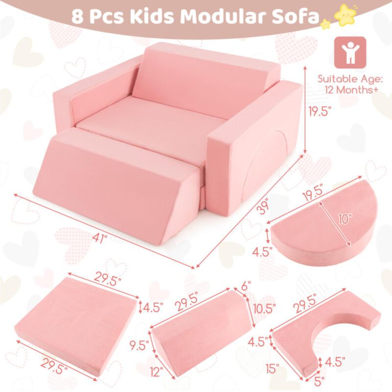 Hivvago 8 Pieces Kids Modular Play Sofa with Detachable Cover for Playroom and Bedroom