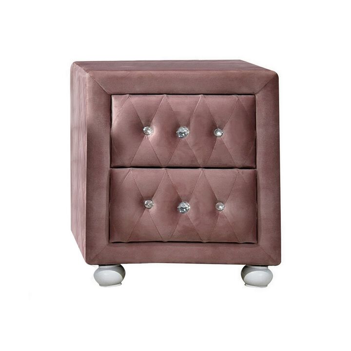 Rex 17 Inch Modern Upholstered Nightstand, 2 Drawer, Crystal Handles, Pink-Benzara