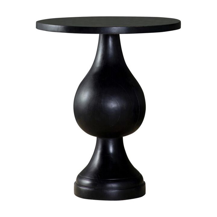 Niko 24 Inch Artisan Round Accent Table, Smooth Pedestal Design, Black Wood