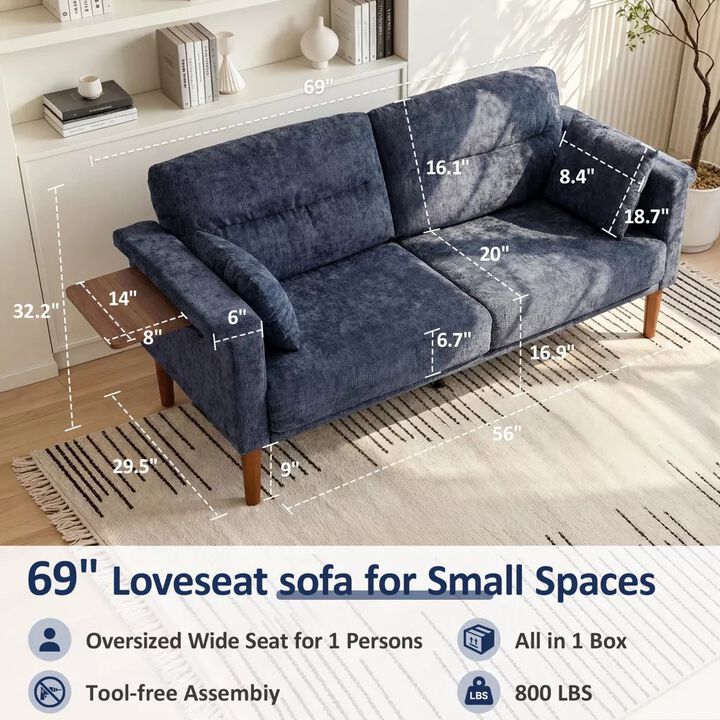 Vipbear 69" Chenille Loveseat Sofa with Foldable Side Tray Table, Thick Deep Cushion 2-Seater Couch