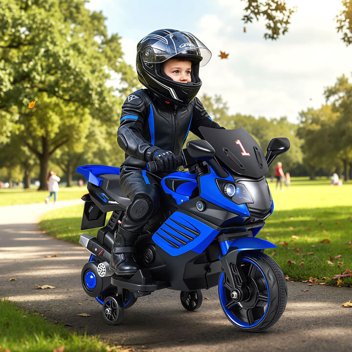 Electric Kids Motorcycle 6V with Headlights Music and Detachable Training Wheels for Yard