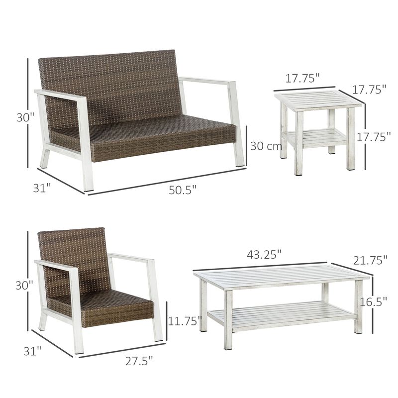 5 Pieces Patio Wicker Conversation Sets, Outdoor PE Rattan Loveseat Furniture, Two-tier Coffee Table and Side Table, Beige